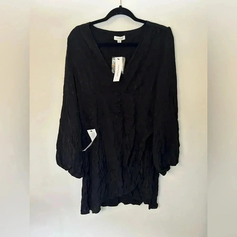 Topshop Black Floral Detail Faux Wrap Babydoll Mini Dress Size 12 NWT
